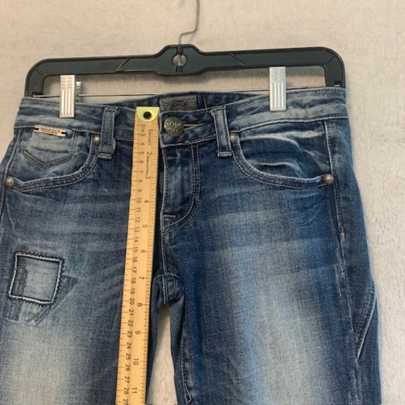 Rerock for Express Womens Blue Patched Denim Frayed Hem Skinny Capri Jeans Sz 0 - Picture 10 of 11